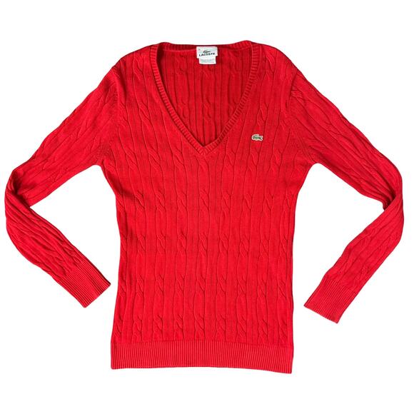 Vintage Y2K Lacoste Lipstick Red Cable Knit V Neck Sweater sz 38 / S Tenniscore - Picture 6 of 8